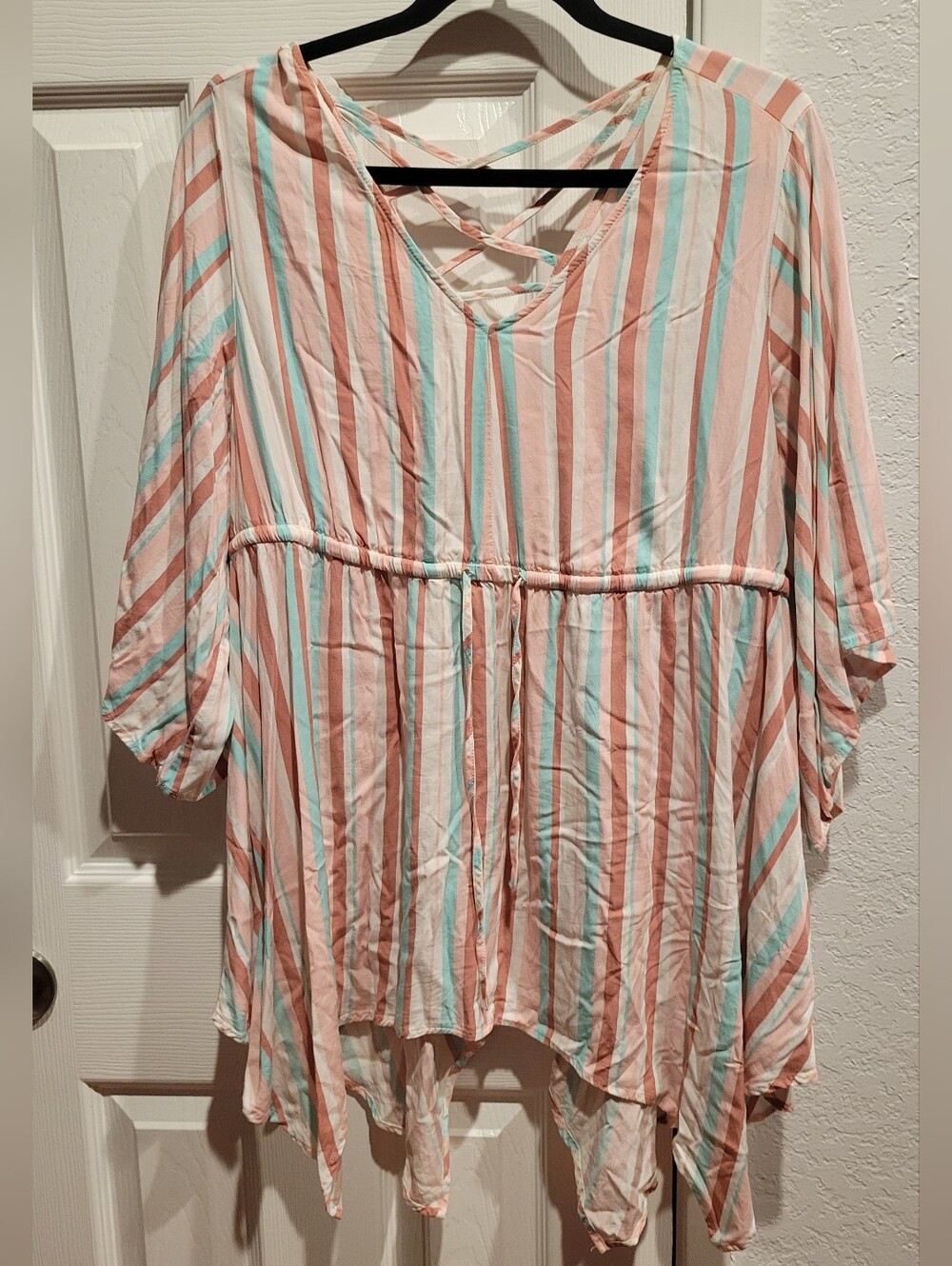 Torrid Pink, White & Aqua Striped V-Neck Tunic